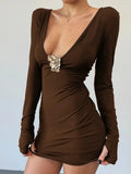 Deep V-neck Long Sleeve Bodycon Gold Applique Mini Dress-Outfit