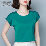 Women Blouse 2022 New Simple Solid Silk Shirts Elegant Women Loose Round Collar Short Sleeve Womens Clothing 9227