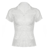 Fongt New Temperamental Femininity Polo Collar Short-Sleeved Shirt Hottie Street Commute Wrinkles On The Top