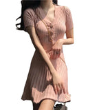 New Korean Chic Temperament Slimming V. Recpter Waist A Skirt Pressured Folded Ice Silk Short-Sleeved Dress