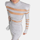 Fongt New Star Temperament Fashion Mesh Splicing Hot Diamond Top