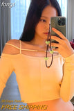 Shirt Long Sleeve Top Off Shoulder Crop Top Chain Hollow Out T-Shirts Yellow Tees Solid Slim Black Streetwear Y2K