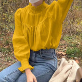 Solid Elegant Tops Female Chic Pleated Turtleneck Blusa Casual Puff Sleeve Ruffle Shirt Womens 2021 Spring Autumn