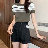 Short Sleeves Straight Shoulder T-Shirt Girl Summer Chic Vintage Unique Thin Bump Chic Short Striped Top