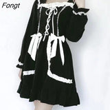 and Autumn Mori Girl Style Dress Women Ruffles Patchwork Square Collar Japan Lace Up Female Black