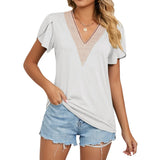 2023 New Gold Lace Lady V-Neck Tile Short Sleeve Solid Color T-Shirt Top-Outfit
