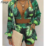 Women's Summer Suit Printed Lantern Sleeve Shirt Shorts 3pc Set Swimsui Women Bikini Set Women's Suit Women's