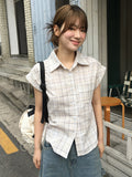 Fongt Cloth Forget British Wind Wood Ear V-Neck Check Shirt Temperament Waist Button Bubble Sleeve Top