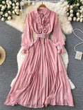 Women Chiffon Dress Elegant Long Sleeve Lapel Ruffles Party Dresses Ladies High Waist Pleated Solid Long