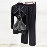 Fongt Summer New Star Sex Hollow Hot Diamond Suit Jacket Trousers Set Two Sets