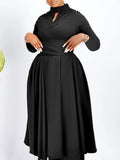 Fongt Women's New Fashion High-Neck Elegant Nail Beads Big Swing Dress Waist African Dress