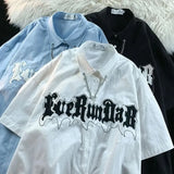 Gothic Towel Embroidery Y2K Chain Shirt Mens Oversized Short Sleeve Casual Blouse Hip Hop Brand Button Up Shirts Solid-Outfit