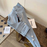 New Chic Love Button Split Jeans Women's Summer Hot Girl jeans Retro High Waist Straight Slim Flared Denim Pants