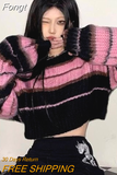 Y2K Korean Style Pink Cropped Sweater Women Striped Jumper Vintage Female Autumn Long Sleeve Crewneck Pullovers