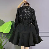 Ruffles Patchwork Dresses Spring Autumn Stylish Sequined Zipper Female Clothing Commute Waist Shirring A-Line Midi Dress-Outfit