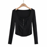 New Anti-Line Design Autumn Round-Collar Buckle Slim Chest Stretch Long-Sleeved T-Shirt-Outfit