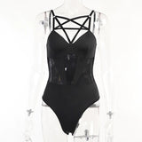 Dark Mall Gothic Sexy Women Mesh Bodysuits Grunge Aesthetic See Through Bodycon Tops Women Black Pentagram Emo Alt