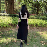 Sleeve Dress Women Summer Retro Tender French Style High Waist Design Patchwork Side-slit Elegant Chic Office Lady New