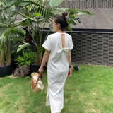 T Shirt Dresses for Women Summer Beach Sexy Back hollow Side split Casual dress Party cotton Comfortable Long solid
