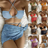 2025 New Swimsuit Lady Gathers Rope Sexy Print Skirt Three-Piece Mesh
