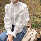Solid Elegant Tops Female Chic Pleated Turtleneck Blusa Casual Puff Sleeve Ruffle Shirt Womens 2021 Spring Autumn
