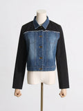 Fongt 2024 New Fashion Retro Jacket Jacket Design Sense Color Splicing Long Sleeve Short Denim Jacket Girl-Outfit