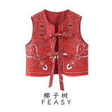Fongt Women's Summer New Casual Wind Collar Tie With Printed Cotton Vest