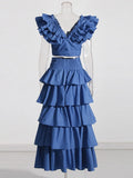 Fongt Holiday Wind Autumn 2024 New V Collar Fly Sleeve Flounce Stitching Cake Skirt Solid Color Suit-Outfit