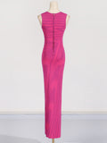 Fongt 2025 New Round-Neck Elastic Body Abstract Cuffless Knitted Long Dress Women Tight-Up