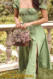 Women Slit Dress, Floral Printed Pattern Square Collar Short Sleeve Backless Long Dresses