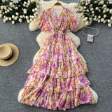 Fongt Vintage Gentle Windy Fragmented Flower Dress Summer New High Waist Thin Spinning Dress