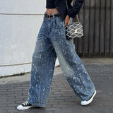 Fongt Style Cool Sister Personality Broken Hole Do Old Jeans Low Waist Wash Water Bump Color Casual Pants-Outfit