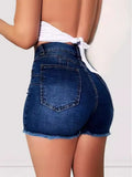 High Waist Elastic Slim Hole Tassel Denim Shorts Woman-Outfit