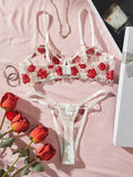 White Sheer Red Flower Embroidery Bra and Panties Lingerie Set-Outfit