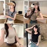 Style Simple Shoulder Short-Sleeved T-Shirt Women's Summer Thin Style Design Feeling Solid Color Full-Fitting Spicy Girls Short-Style