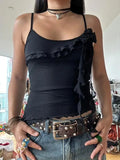 Irregular Ruffle Splice Flower Decor Mesh Cami Top-Outfit