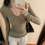Solid Color U-Collar Slim Underwear Women's Autumn And Winter New Ins Thin Warm Long-Sleeved