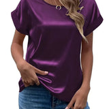 Women's Short-Sleeved Satin Shirt Loose Casual Round-Collar Satin T-Shirt Women's Spring / Summer 2024 New Style-Outfit