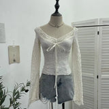 Real Shooting Merard Wind Strapted Bow Splicing Lace Pure Desire Blouse Folding Body Short Blouse