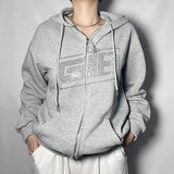 Rhinestone Letter Print Women Sweatshirt Hoodies 2021 Autumn Casual Oversize Zipper Jacket Long Sleeve Female