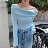 Feminino Off Shoulder Slash Neck Sweater Women Long Sleeve Knitwears Spring Spring Y2k Clothes Elegant Pullover Tops-Outfit