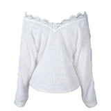 Women's Sweater Winter Lace V-neck Pullover Jumper Autumn Winter asual Loose Pure Color Sweater