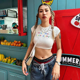 2024 Trendy T-Shirt Base Collar Letter Print Hottie Umbilical Short