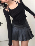 Solid Halter Bow Decor Long Sleeve Tee-Outfit