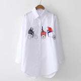 New White Shirt Casual Button Up Turn Down Collar Female Blouse Long Sleeve Cotton Blouse Embroidery Blouse Lady 5083