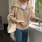 Fongt Lazy Wind Big Lapel Cardigan Zipper Jacket Women's Autumn And Winter New Wide Soft Waxy Sweater Top-Outfit