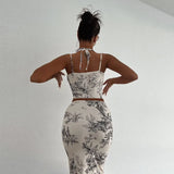 Fongt Vintage Style Slim Print Skirt Two-Piece Fashion Suit