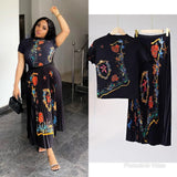 Fongt Fashion Set Women's Summer French High-Grade Folding Print Short-Sleeved Top + Loose A Word 100-Fold Long Skirt
