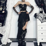 Gothic Cross Chain Brace Strap Irregular Rose Textured Lace Skirt Hierarchical Halter Skirt-Outfit