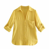 Spring Autumn Women Retro Simple Style Loose Long Sleeve Basic Solid Color Shirt Casual Chic